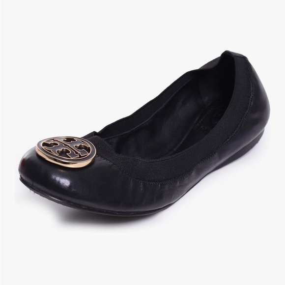 Tory Burch Caroline 2 Ballet Flats Patent Leather Logo Black Gold 6.5 Balletcore